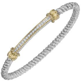 Linear Moiré Beaded Diamond Bangle in Gold & Silver