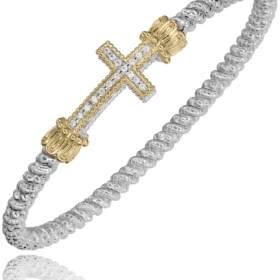 Cross-Themed Moiré Beaded Diamond Bangle in Gold & Silver