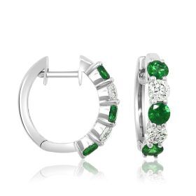 Emerald and Diamond Hoop Earrings in White Gold