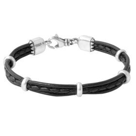 Black Braided Leather Bracelet with Sterling Silver Accents