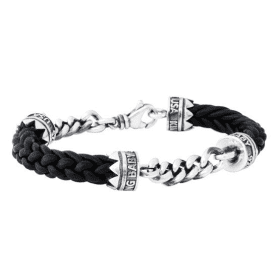 Double Silver Chain and Leather Lanyard Bracelet