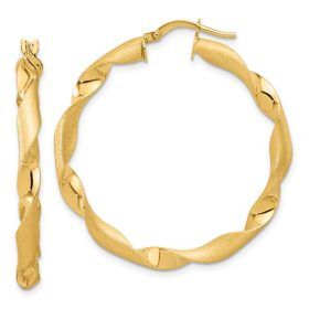 Yellow Gold Satin and Polished Twisted Hoop Earrings