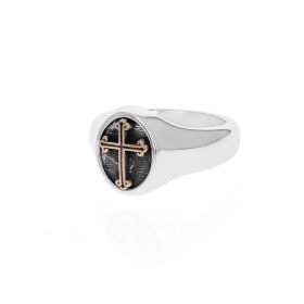 Two Tone Sterling Silver Cross Ring with Black Signet Base