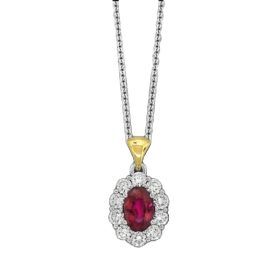 Two Tone Gold Ruby and Diamond Halo Necklace