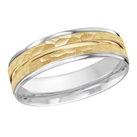 White Gold Wedding Band with Elevated Hammered Center and Polished Edges