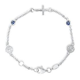 White Gold Evil Eye Angel and Cross Bracelet