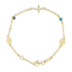 Yellow Gold Evil Eye Angel and Cross Bracelet