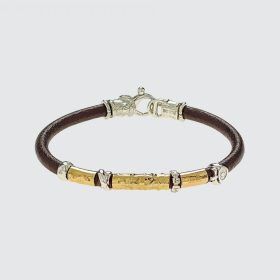 Misani Grand Tour Bracelet with Sculpted 18K Gold Bar and Sterling Silver on Leather