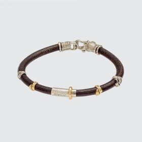 Misani Grand Tour Black Leather Bracelet with Center Silver Bar and 18K Gold Accents
